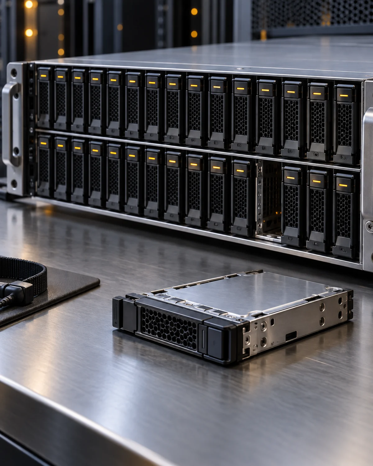 Cena ilustrativa de storage com baias de discos e um disco removível